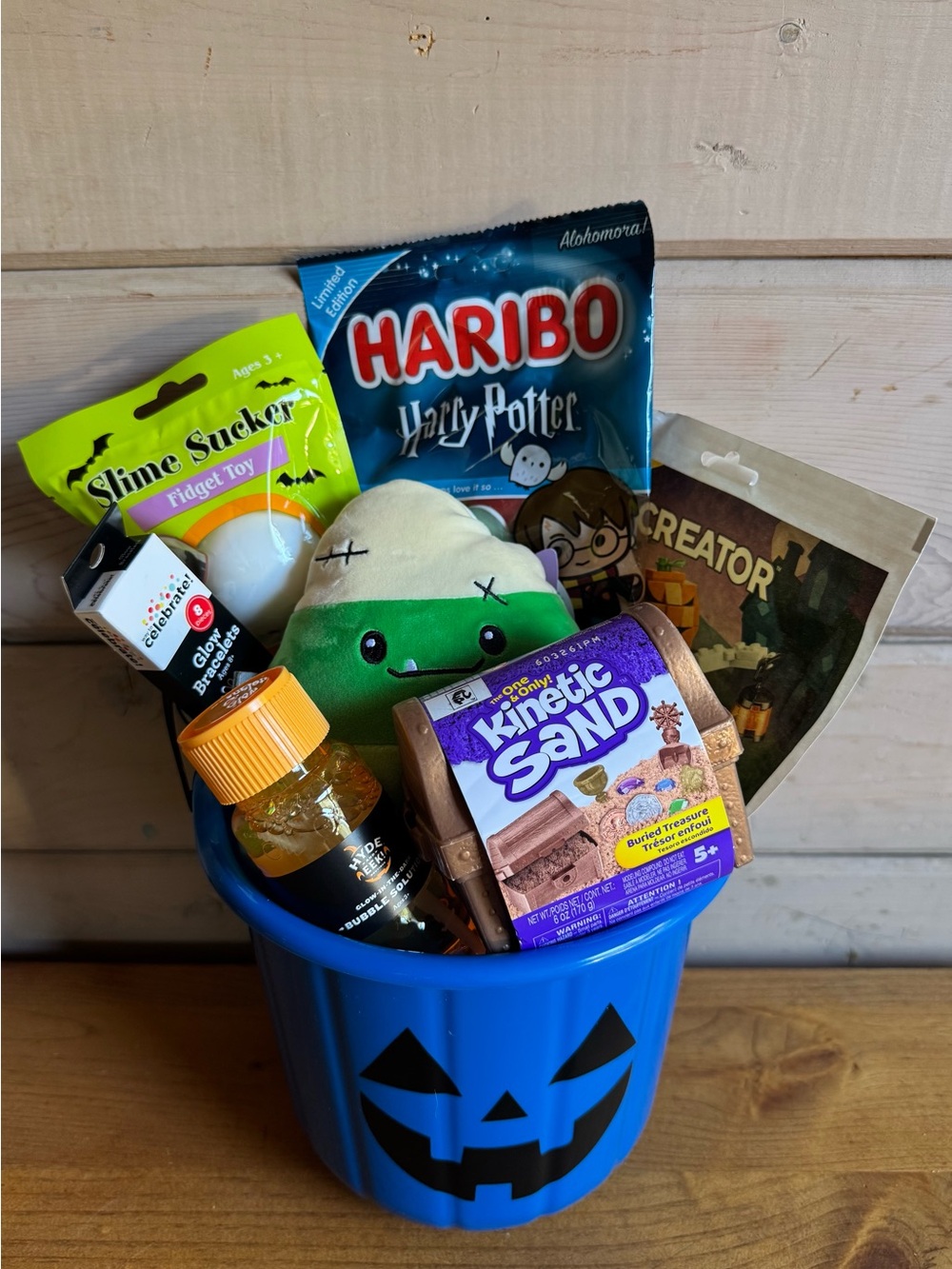 Target Blue Halloween Pail with Green Plush & Assorted Party Favors